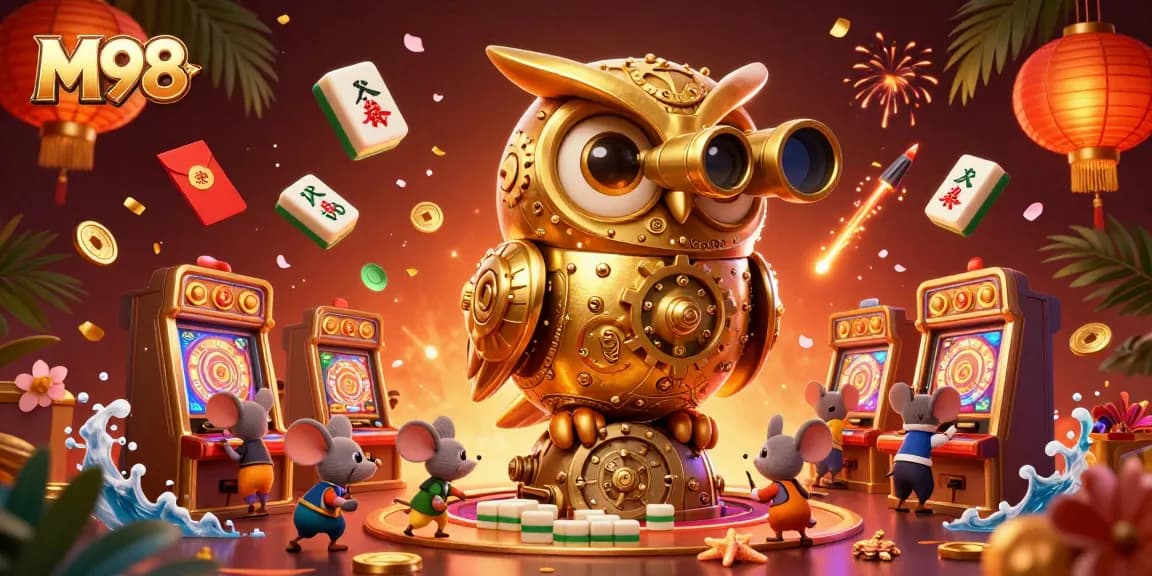 M98 showcases a 3D cartoon owl and mice in a vibrant casino, surrounded by festive gaming elements.