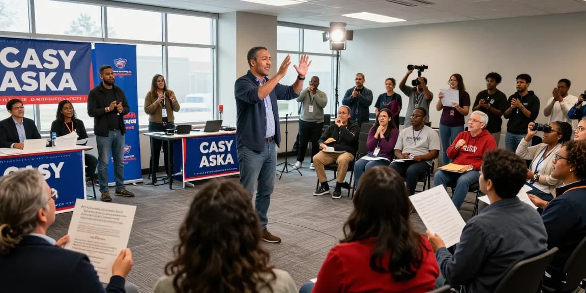 Casey Askar engaging with voters at a community forum, showcasing dynamic political discourse.