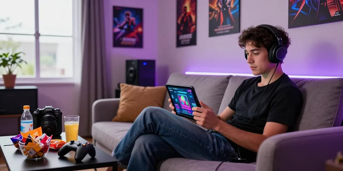Gamer enjoying mobile porn games on a tablet in a cozy living room