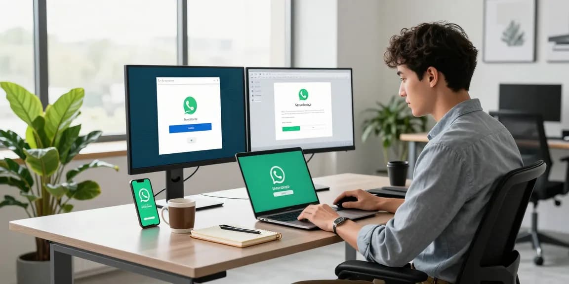Downloading WhatsApp下載 on a laptop in a modern tech workspace, featuring vibrant green plant and sleek desk.