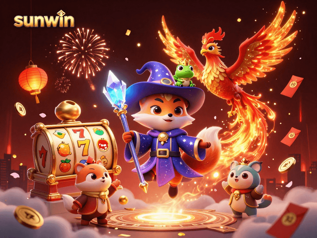 Experience the magic of sunwin as a wizard fox and phoenix celebrate amidst slot reels and festive elements.