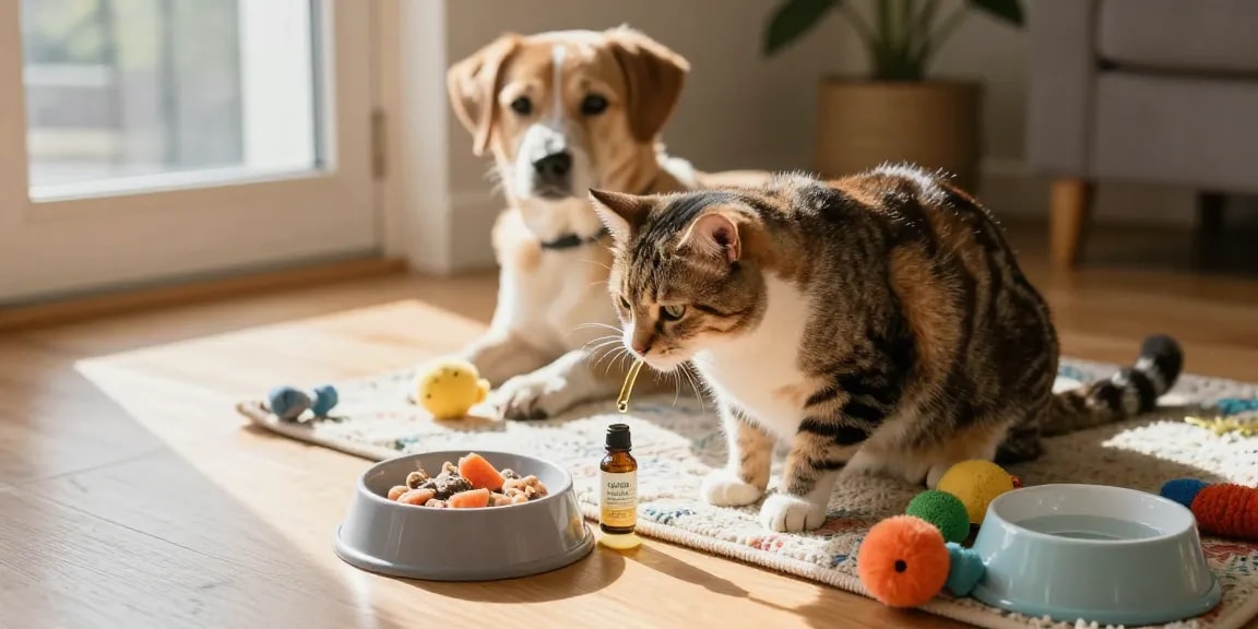 Buy CBD oil for cats Canada with a cat happily enjoying CBD oil drop alongside salmon treats in a cozy home setting.