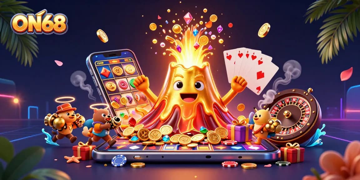 Experience the thrill of winning with ON68's vibrant 3D casino scene featuring treasure and immersive games.