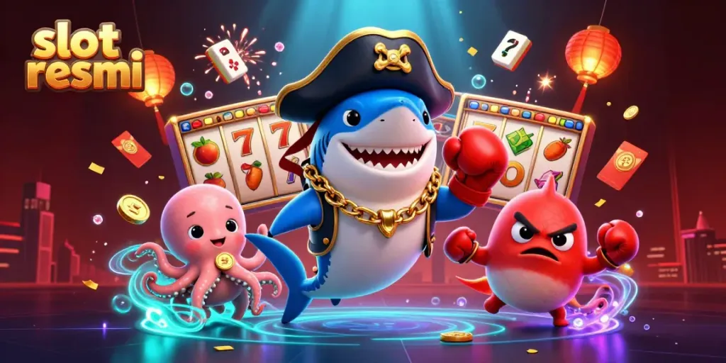Engage with slot resmi featuring a pirate shark, pufferfish, and octopus in a vibrant casino-themed scene.