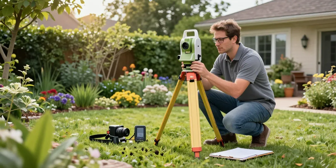 Garden land survey in progress, showcasing a surveyor measuring suburban terrain with total station equipment.