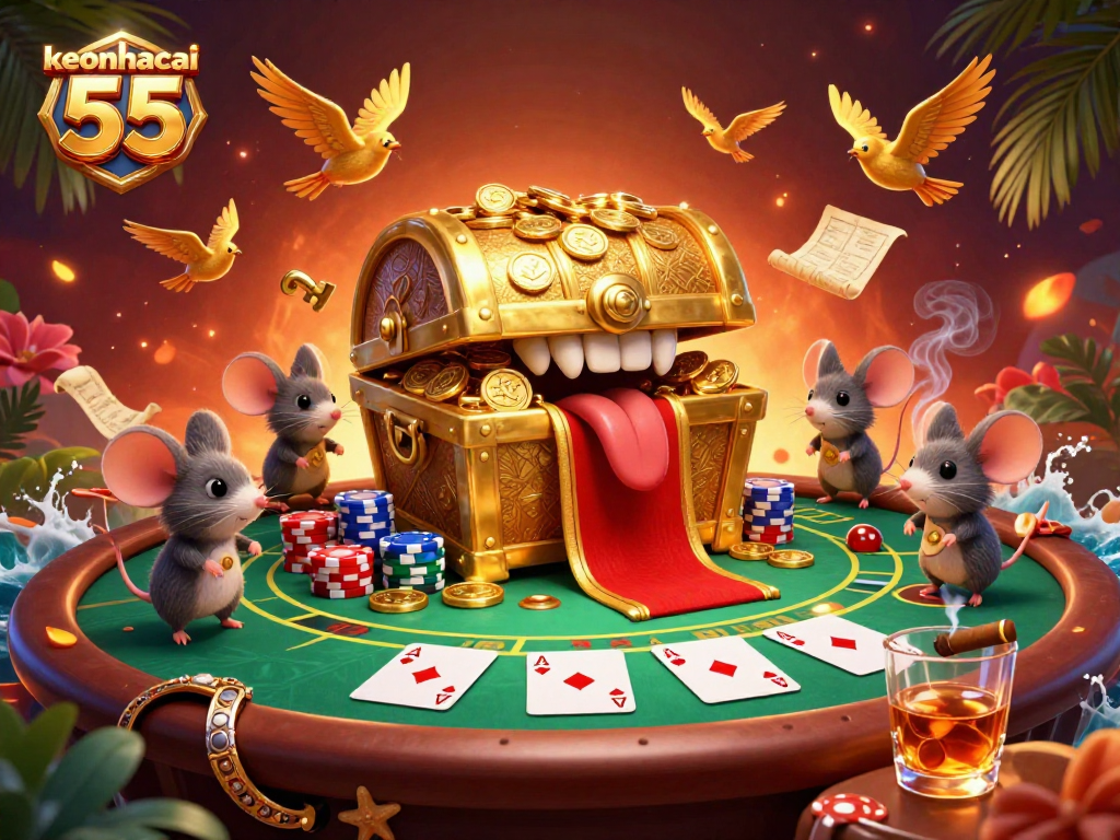 Engage with the keonhacai 55 adventure featuring a vibrant poker scene with a treasure chest and adventurer mice.
