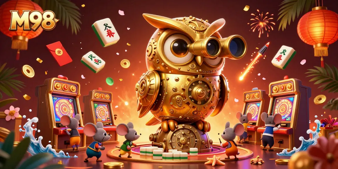M98 showcases a 3D cartoon owl and mice in a vibrant casino, surrounded by festive gaming elements.