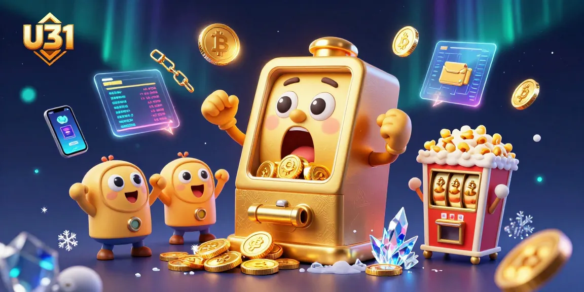 U31 slot machine character celebrating a jackpot with coins, Bitcoin, Ethereum coins, and vibrant casino elements.