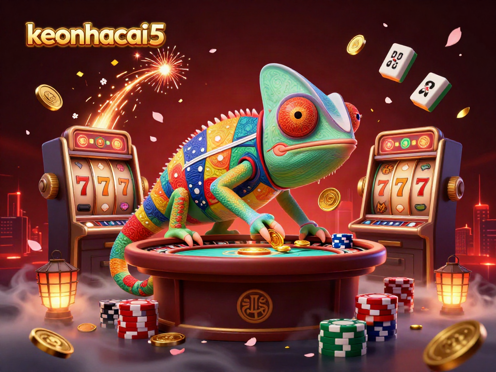 Experience the excitement of keonhacai5 with a bustling casino scene featuring dynamic games and colorful elements.