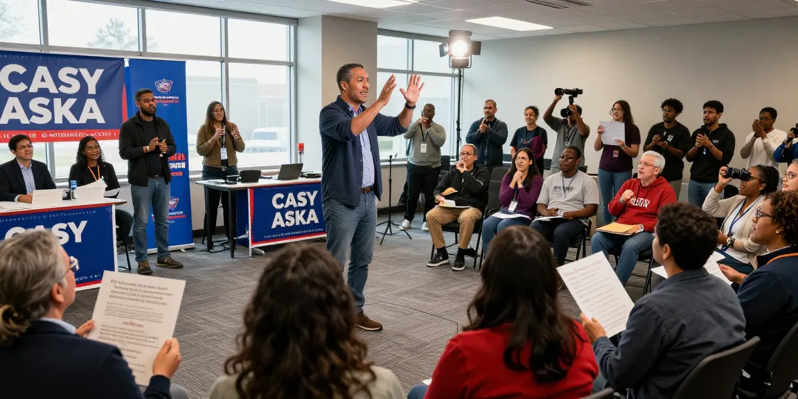 Casey Askar engaging with voters at a community forum, showcasing dynamic political discourse.