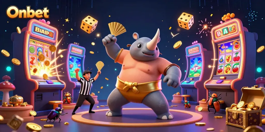 Onbet showcases a vibrant scene of a beetle champion stomping coins, enhancing the gaming experience.