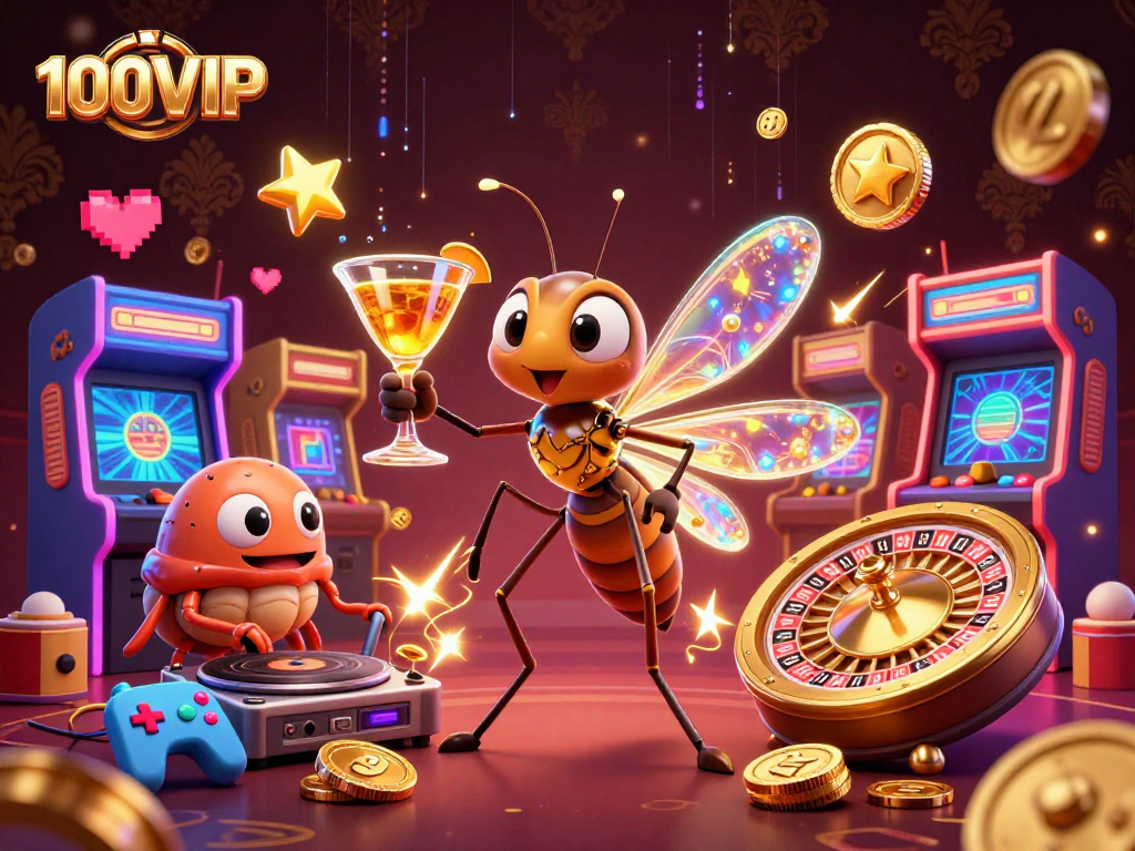Experience the vibrant world of 100VIP with animated characters and casino elements in a dynamic scene.
