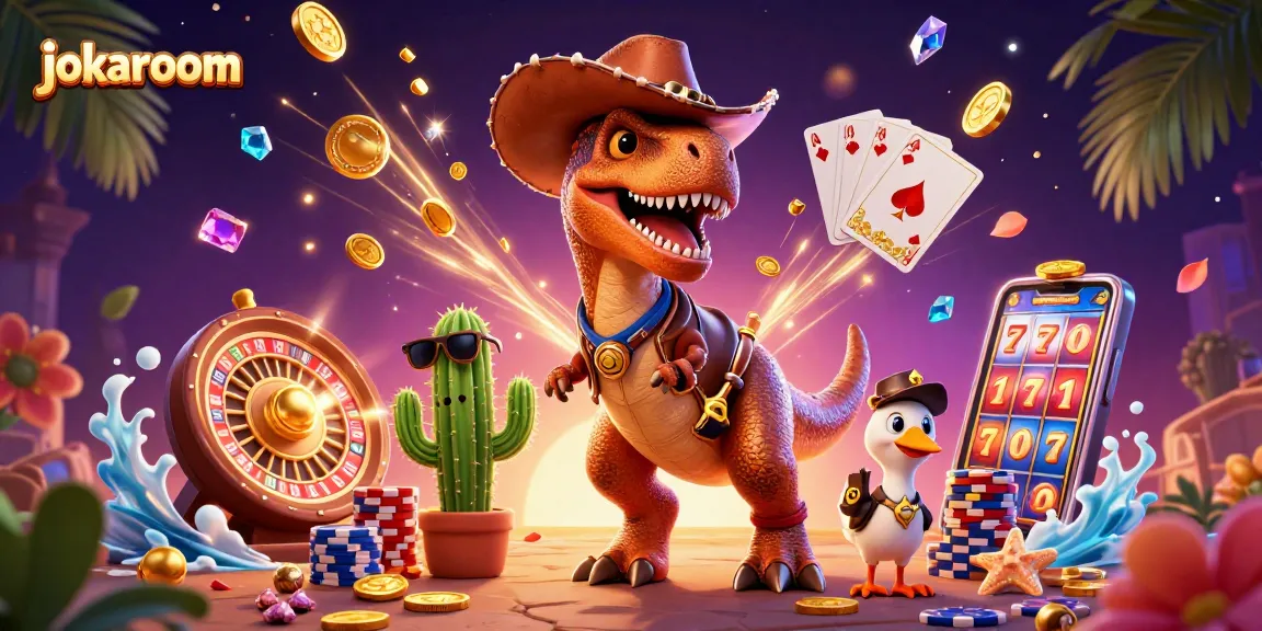 Experience luck with jokaroom in this vibrant 3D casino scene featuring a cowboy T-Rex and a cactus sidekick.