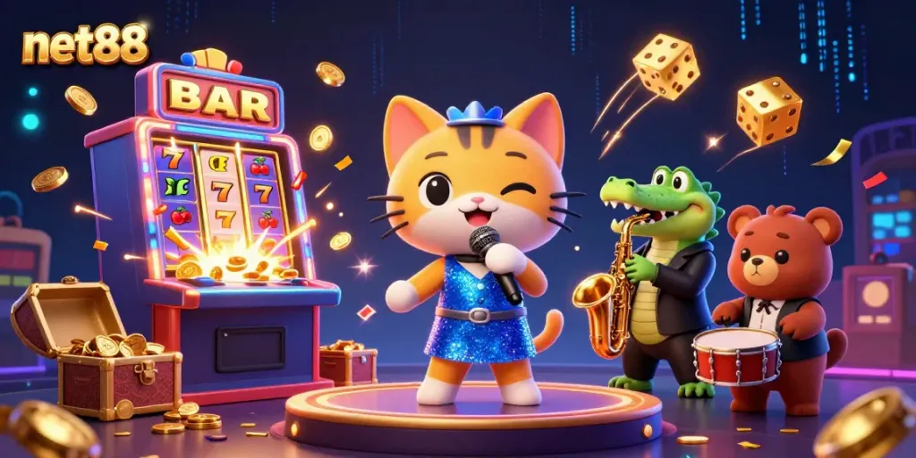Experience the excitement at net88 with a dazzling casino scene featuring cartoon characters and gaming elements.