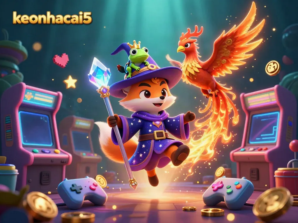 Engage with the magical realm of keonhacai5, featuring a wizard fox and phoenix in a vibrant casino game scene.