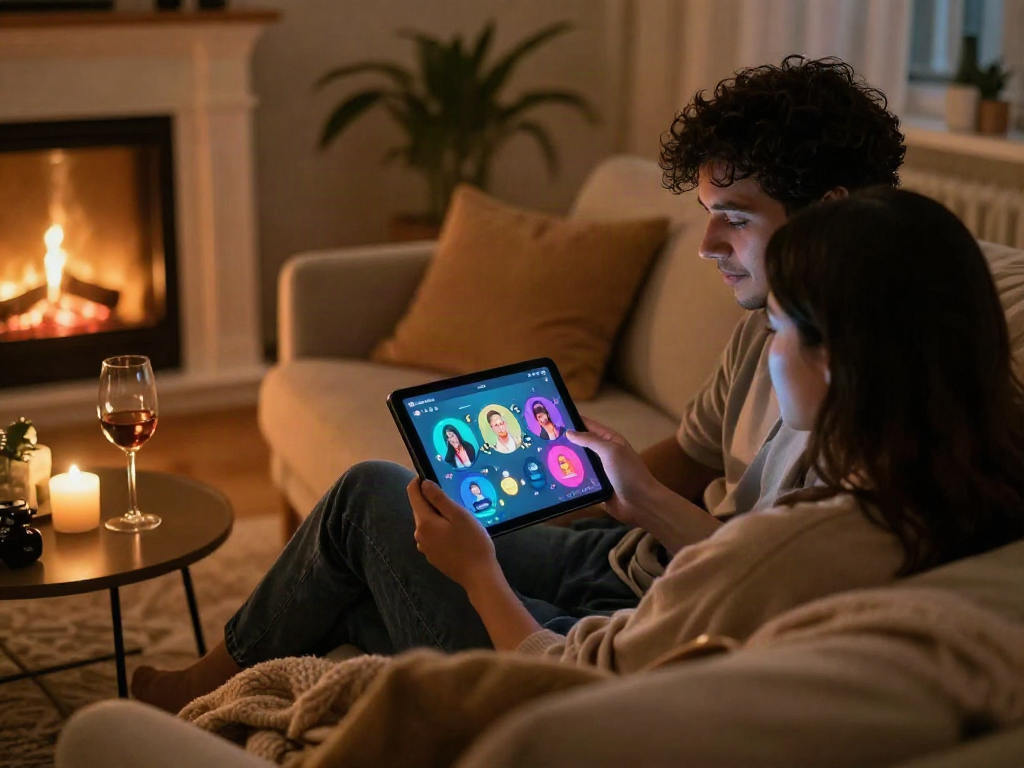 Engaging couple exploring ai sex intimacy app in cozy setting.