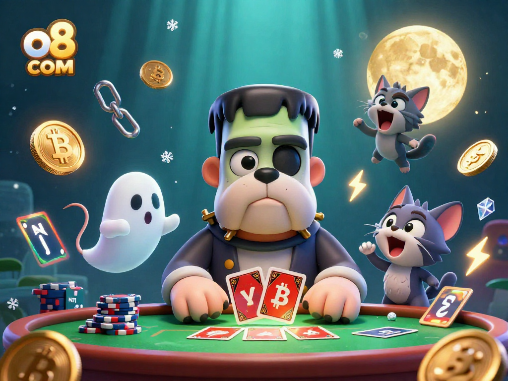 Experience the thrills at o8 com with a vibrant 3D scene featuring a bulldog monster and a floating ghost mouse amid casino action.