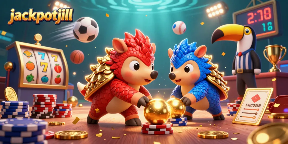 Bowling pangolins in battle over jackpotjill's vibrant slot reels amidst golden confetti and poker chips
