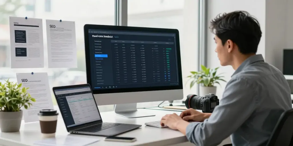 Professional workspace showcasing instant indexing strategies with analytics dashboard and SEO guides.