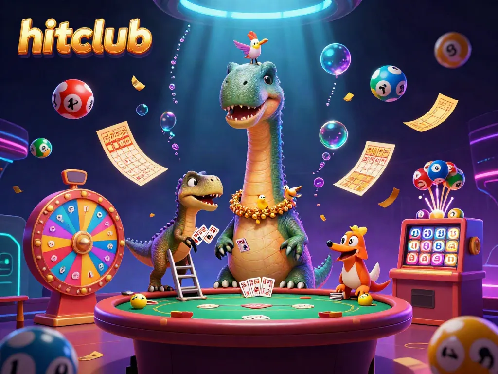 hitclub offers vibrant casino excitement with a giant brontosaurus looking down on a poker table, creating a lively gambling atmosphere.