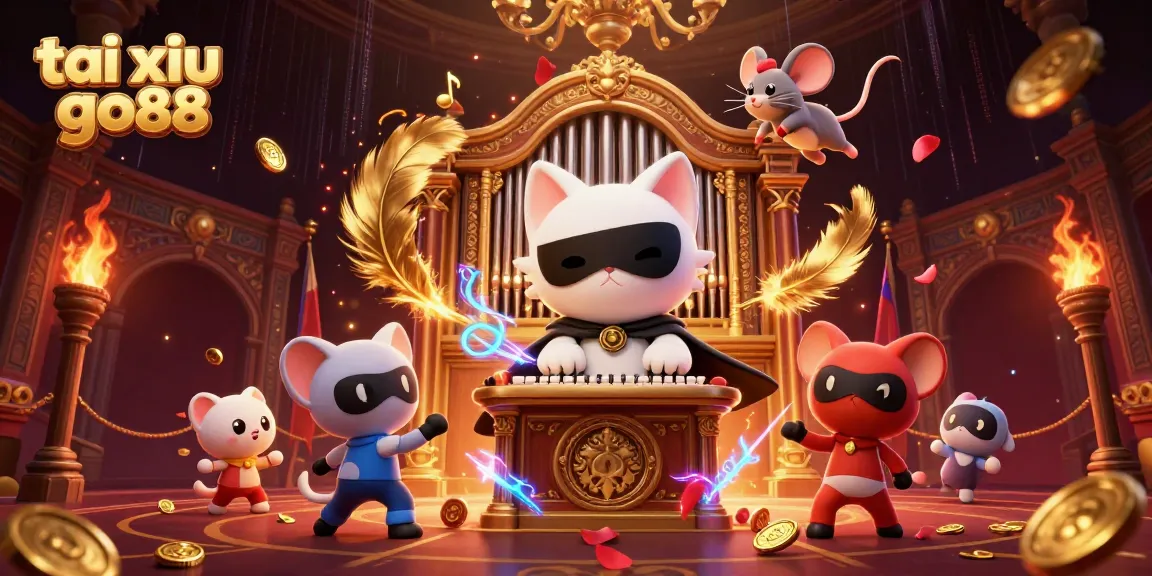 Tai xiu go88 showcases an exciting scene with a masked cat playing at a lavish casino organ surrounded by acrobatic mice and betting tokens.