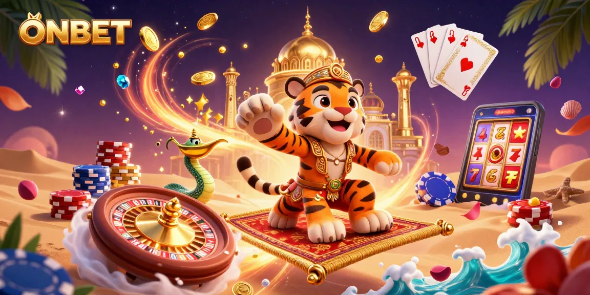 Experience ONBET's thrilling casino magic with a vibrant tiger sultan and golden gaming elements.