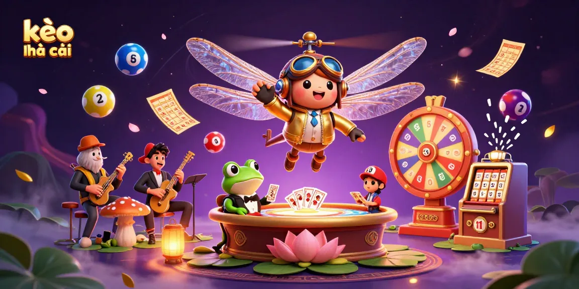 Engage with kèo nhà cái in a vivid casino scene featuring a dragonfly pilot and frog croupier.