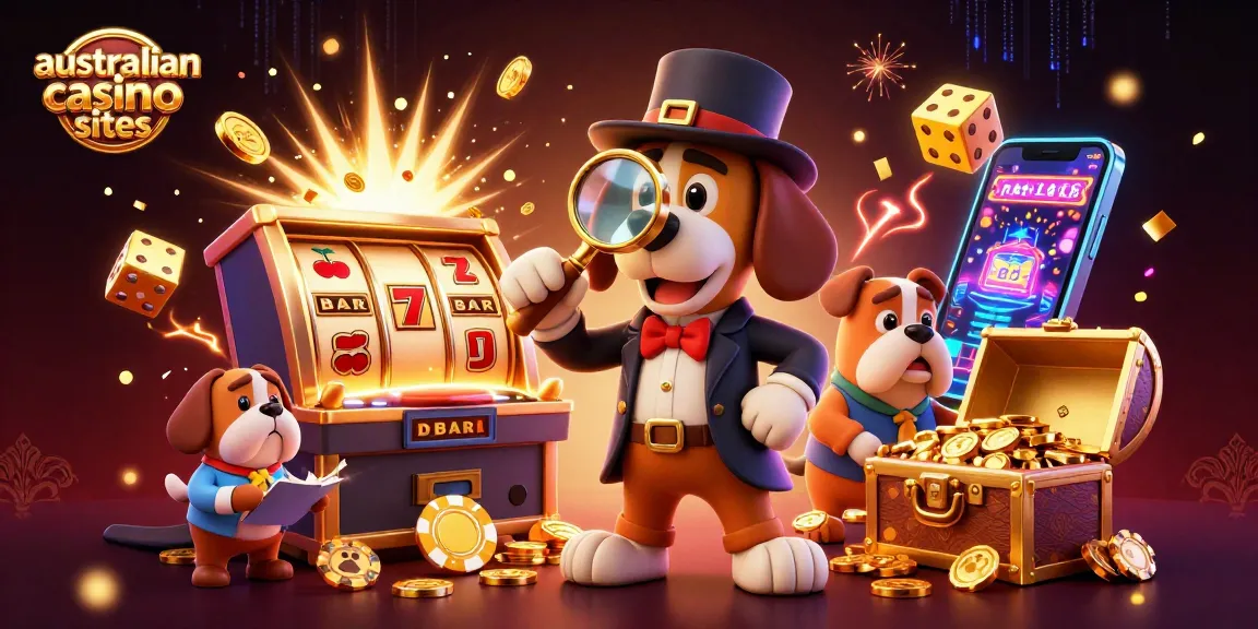 Engage with australian casino sites featuring a cartoon detective uncovering poker clues amidst vibrant slots and treasures.