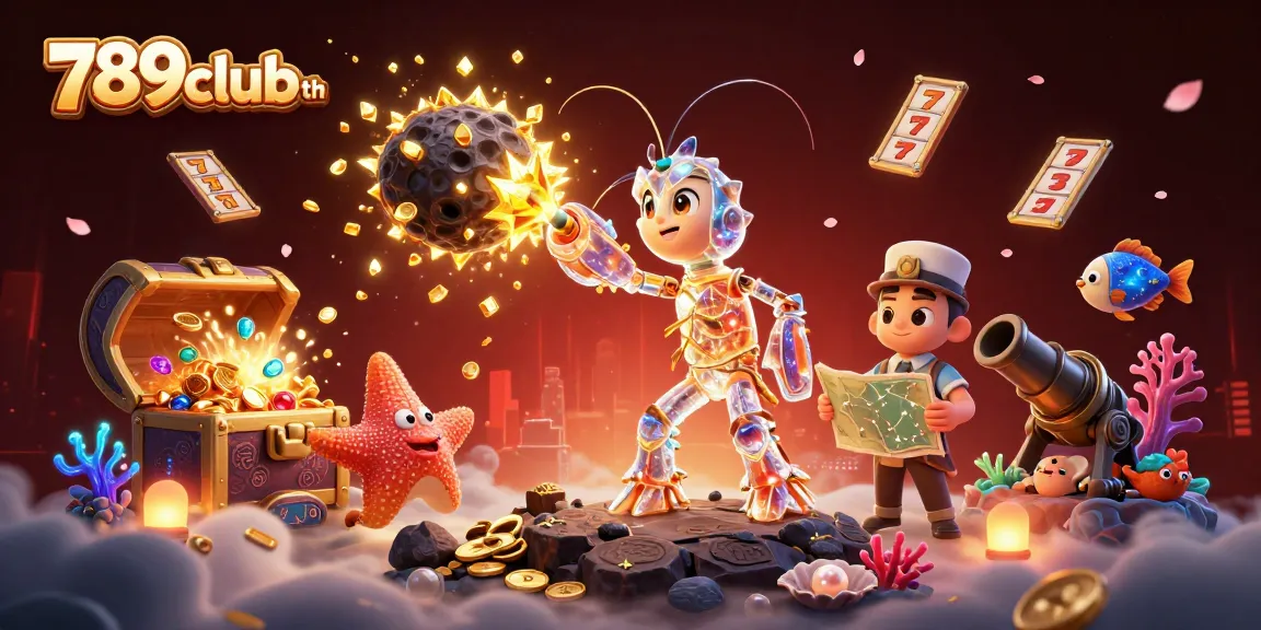 Engage with thrilling adventures at 789clubth, featuring a cartoon mantis shrimp battling treasure-filled asteroids amidst vibrant casino elements.