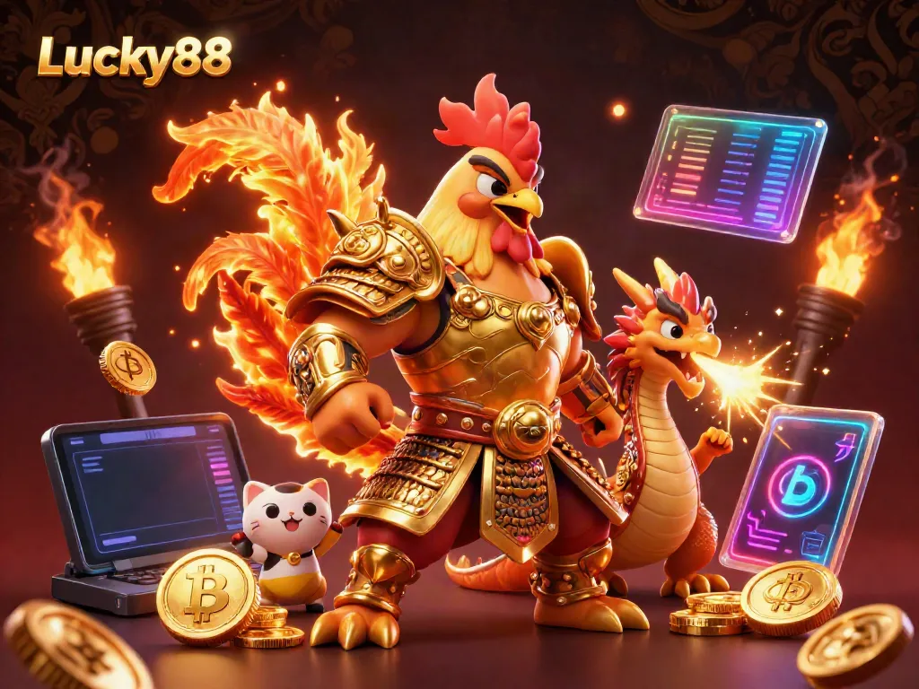 Engage with Lucky88 through a digital gaming extravaganza featuring a vibrant rooster warrior and dragon hatchling.