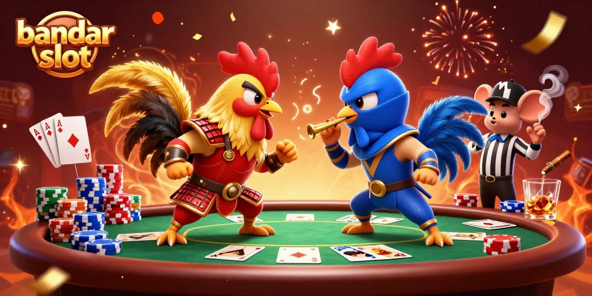 Engage with exciting bandar slot action featuring fighting roosters in a colorful casino setting.