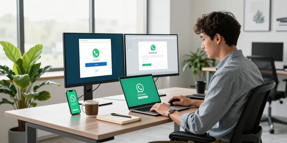 Downloading WhatsApp下載 on a laptop in a modern tech workspace, featuring vibrant green plant and sleek desk.