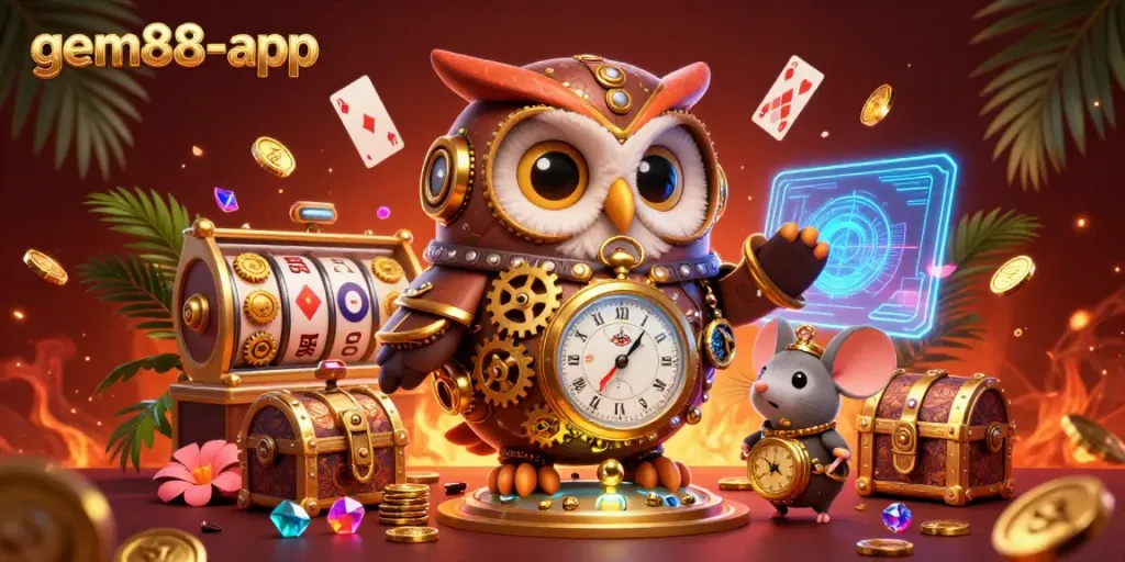 Dynamic gambling scene featuring gem88-app elements with a time-traveling owl and clockwork mouse amidst gold coins and colorful gems.