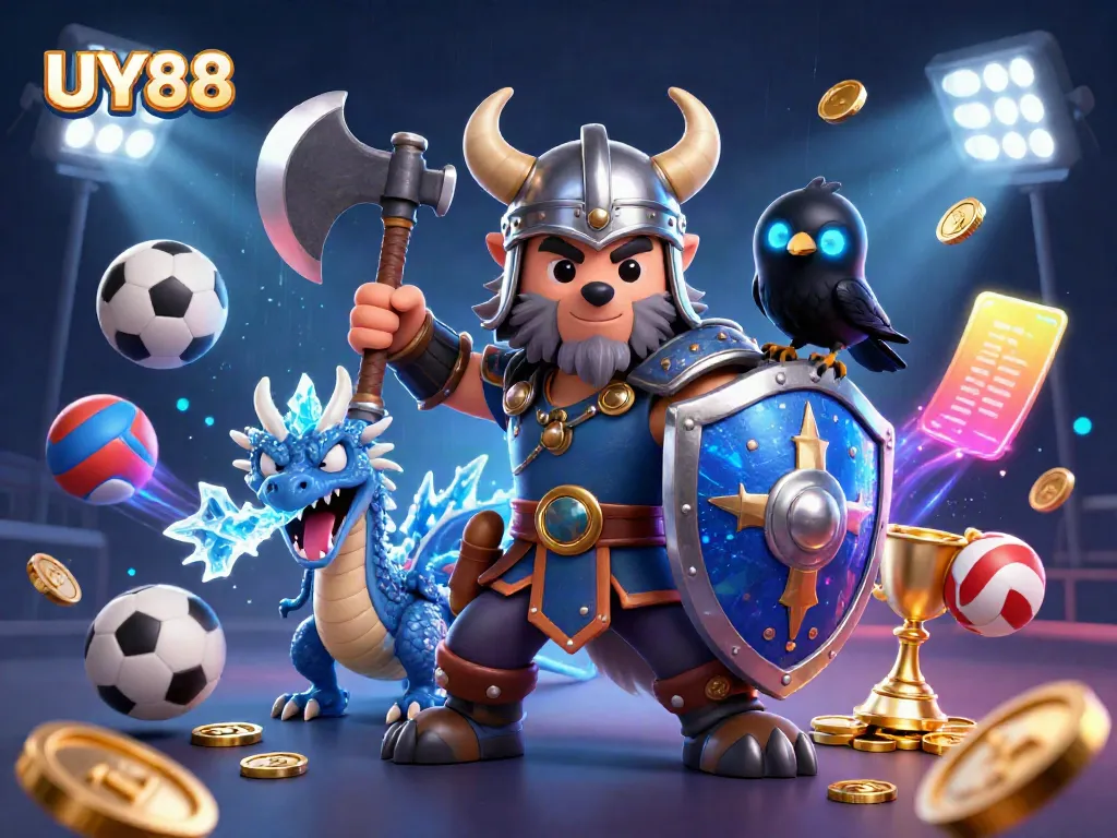 Engaging UY88 gaming spectacle featuring a Viking warrior and dragon in a vibrant casino setting.