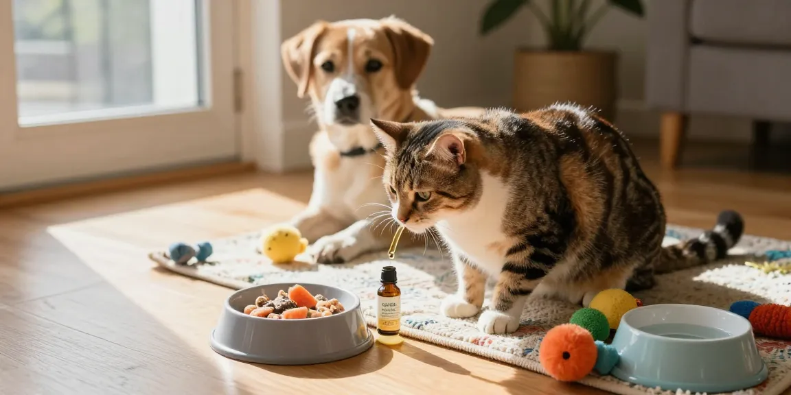 Buy CBD oil for cats Canada with a cat happily enjoying CBD oil drop alongside salmon treats in a cozy home setting.