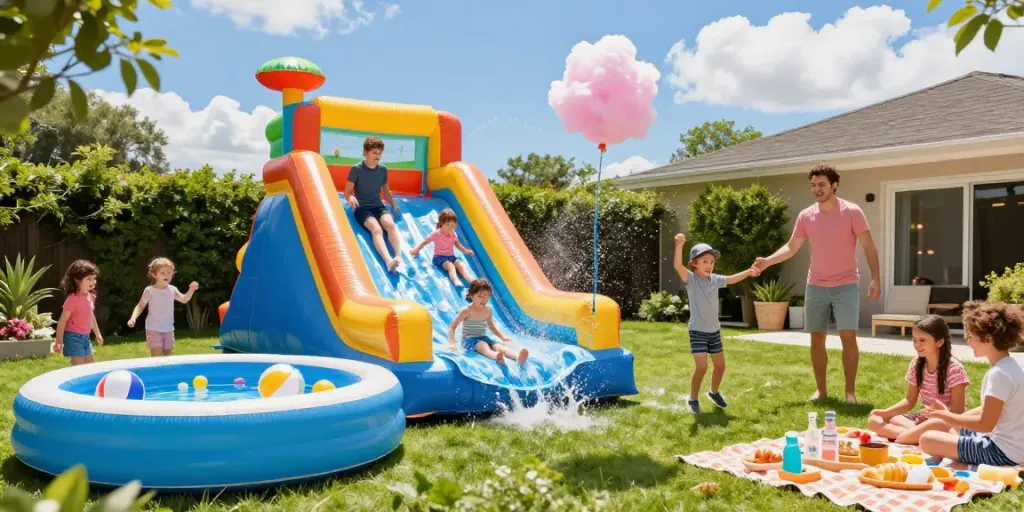 Children playing on a colourful water slide in a sunny backyard.