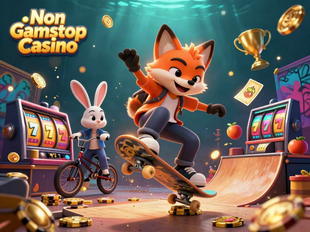 Experience the thrill at a Non Gamstop Casino with vibrant characters and casino symbols dynamic scene.
