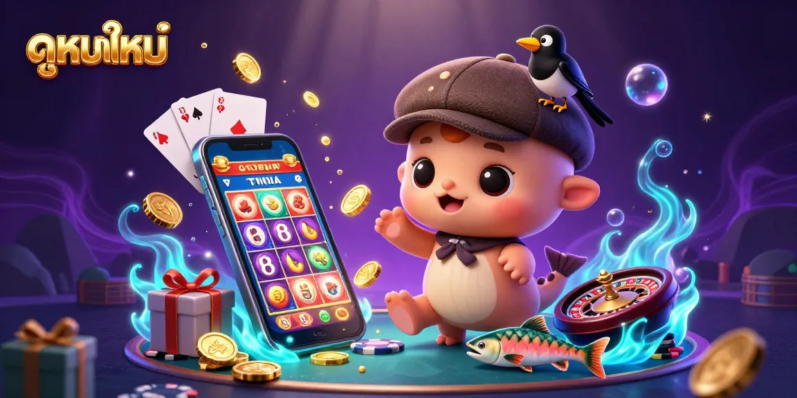 Spin and win with ดูหนังใหม่ playful scene featuring Nessie and a magpie amidst vibrant slot games and casino elements.