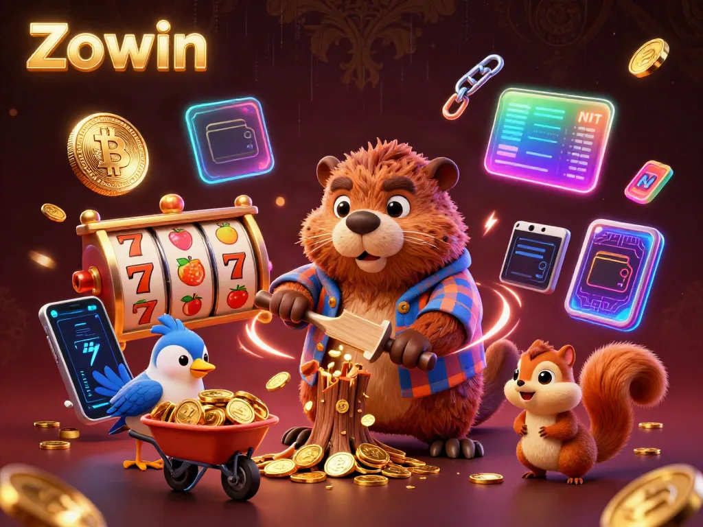 Zowin players jackpot reel spin with beaver, bird, and squirrel cashing in gold coins.