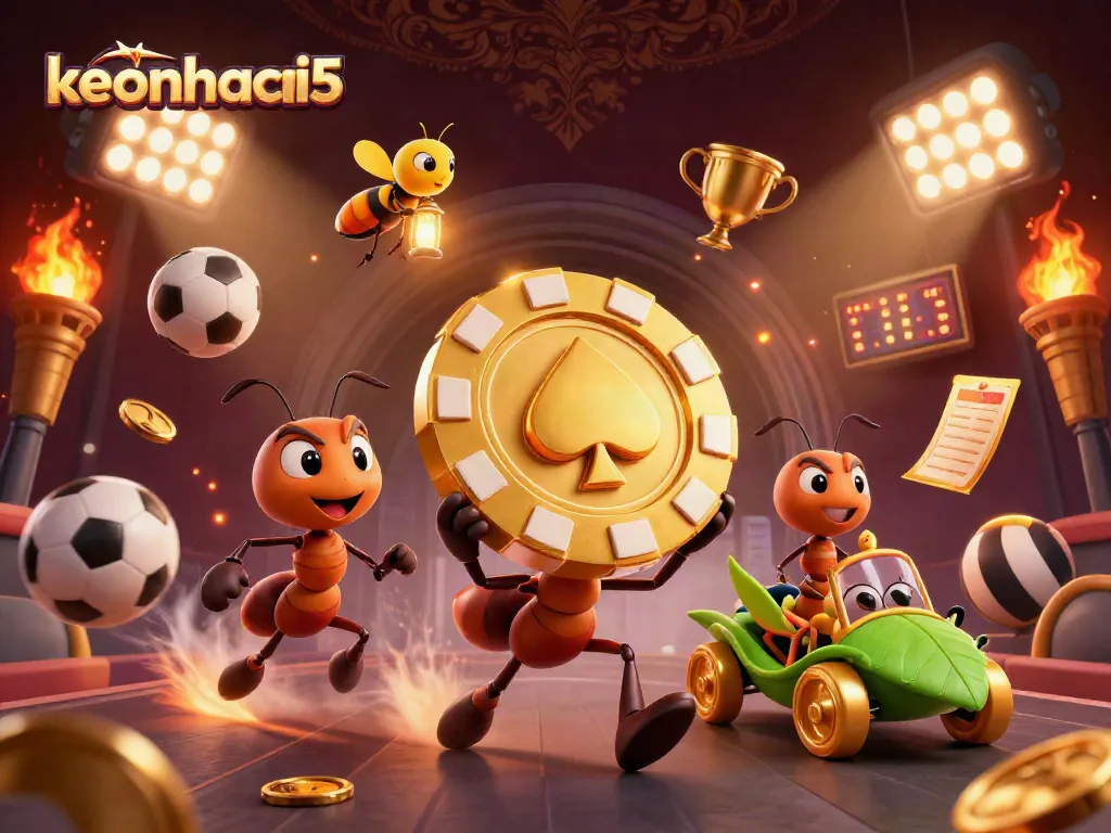 keonhacai5 engages in a high-stakes gambling adventure with animated ants and dynamic sports elements.