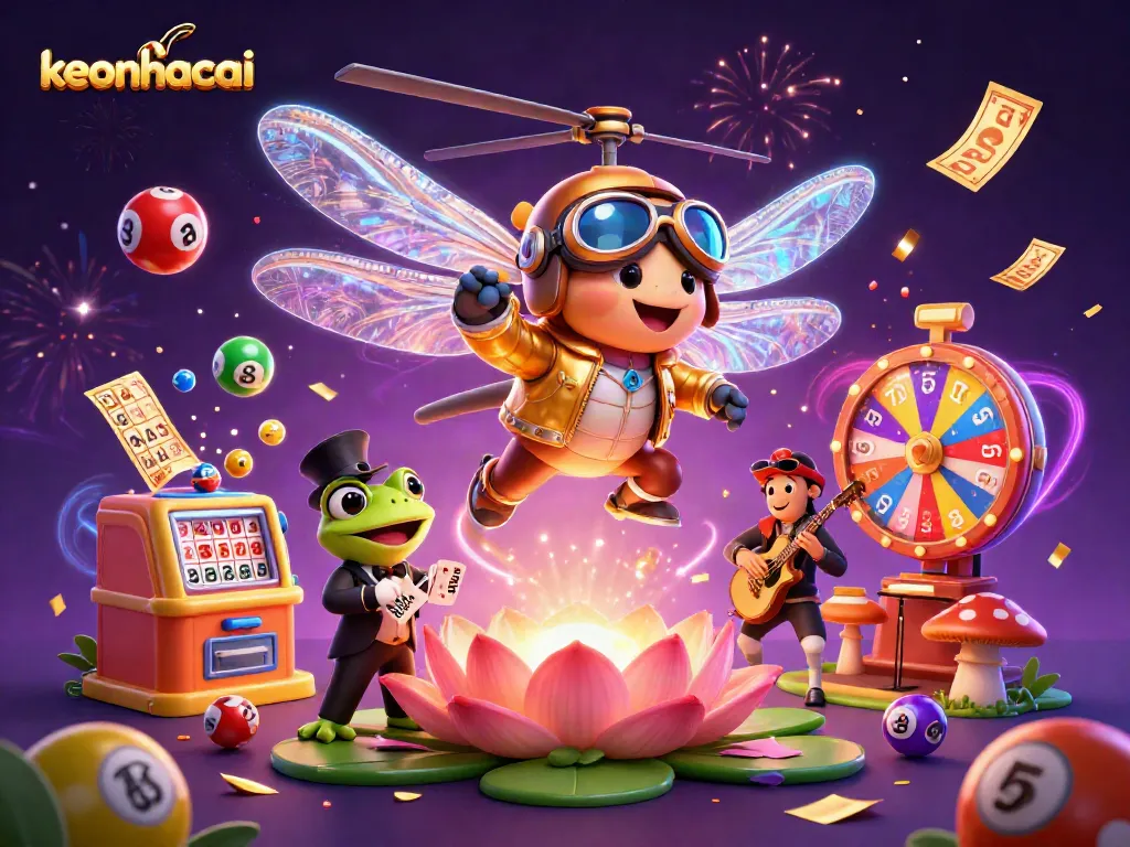 Experience the excitement at keonhacai with a vibrant digital scene of gaming action including colorful lottery balls.