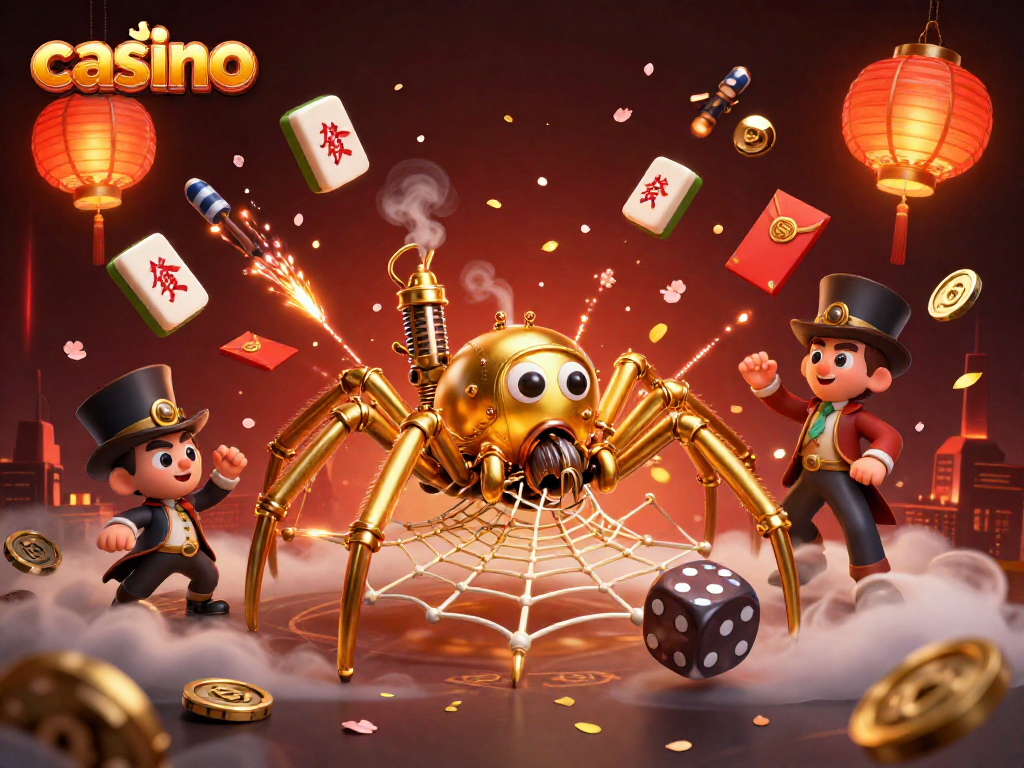 Experience thrilling casino games with a vibrant illustration of a golden spider and gamescape elements.