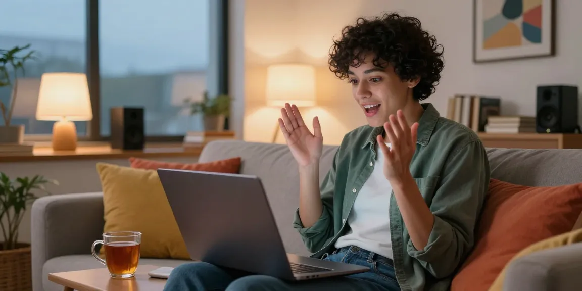 Engaging in ai sex chat on laptop in cozy living space with ambient lighting.