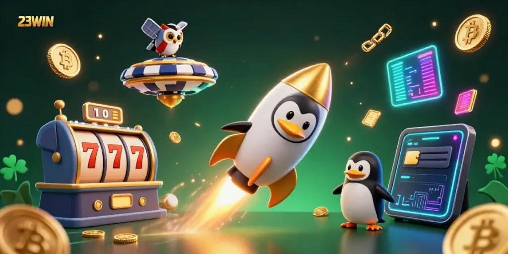 Experience thrilling gameplay at 23WIN with a dynamic illustration of casinos and crypto elements.