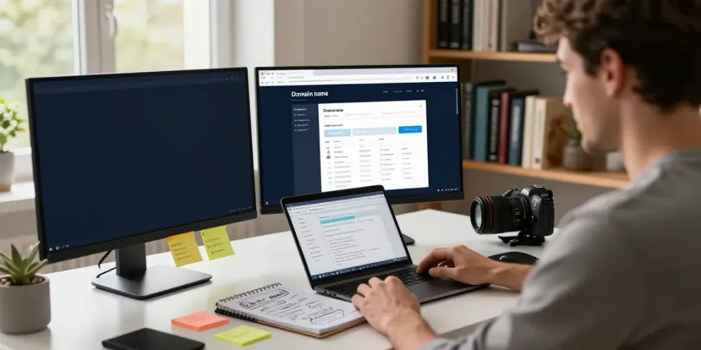 Dynamic home office scene showing a professional conducting a domain name search UK, surrounded by tech equipment and a cozy atmosphere.