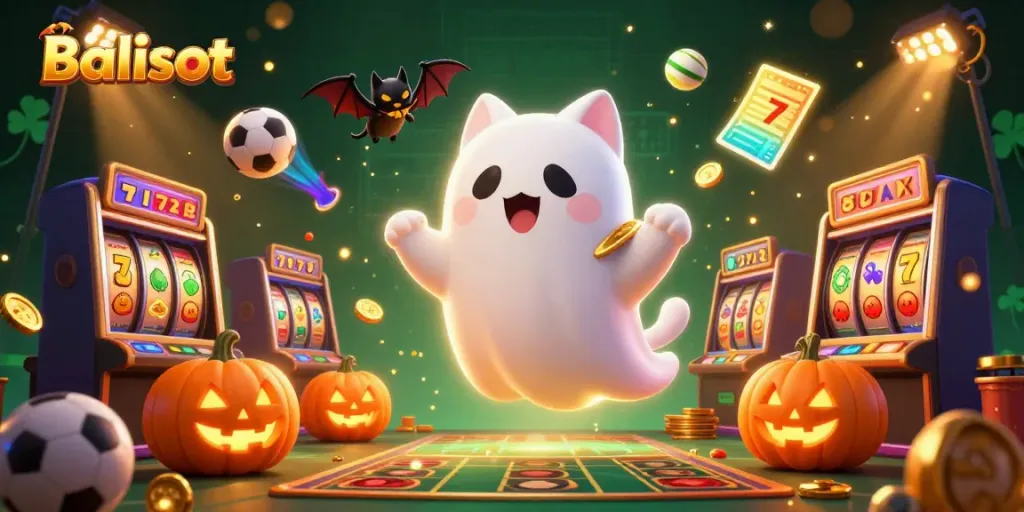 Balislot’s engaging ghost cat and bat in a dynamic haunted casino scene, promoting thrilling gameplay.