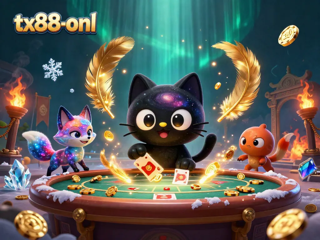 Engage with tx88-onl's vibrant casino world, featuring a whimsical black hole cat and nebula fox in a cosmic gaming scene.