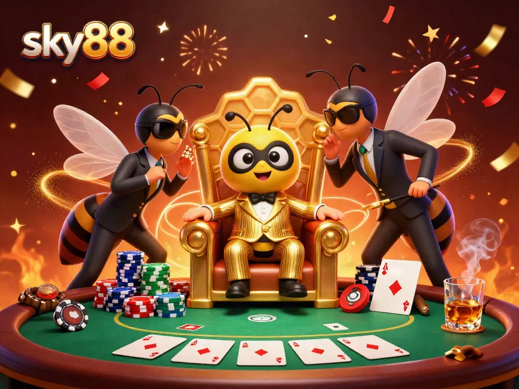 Winning strategies at sky88 casino with a bumblebee mob boss surrounded by poker elements.