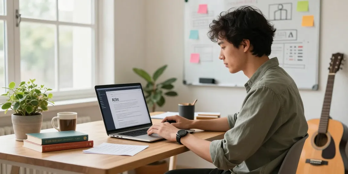 Content creator using innovative AI writing tools in a cozy workspace.
