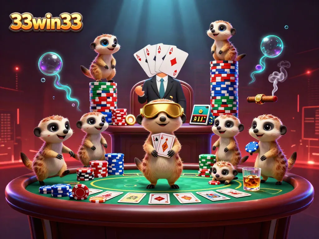 Experience the thrill of 33win33 with meerkats running a vibrant casino, featuring dynamic game elements and rich visuals.